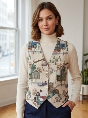 Vintage Tapestry Cottagecore Winter Scene Vest USA Size 14/16 Grandma‎ Cozy Core